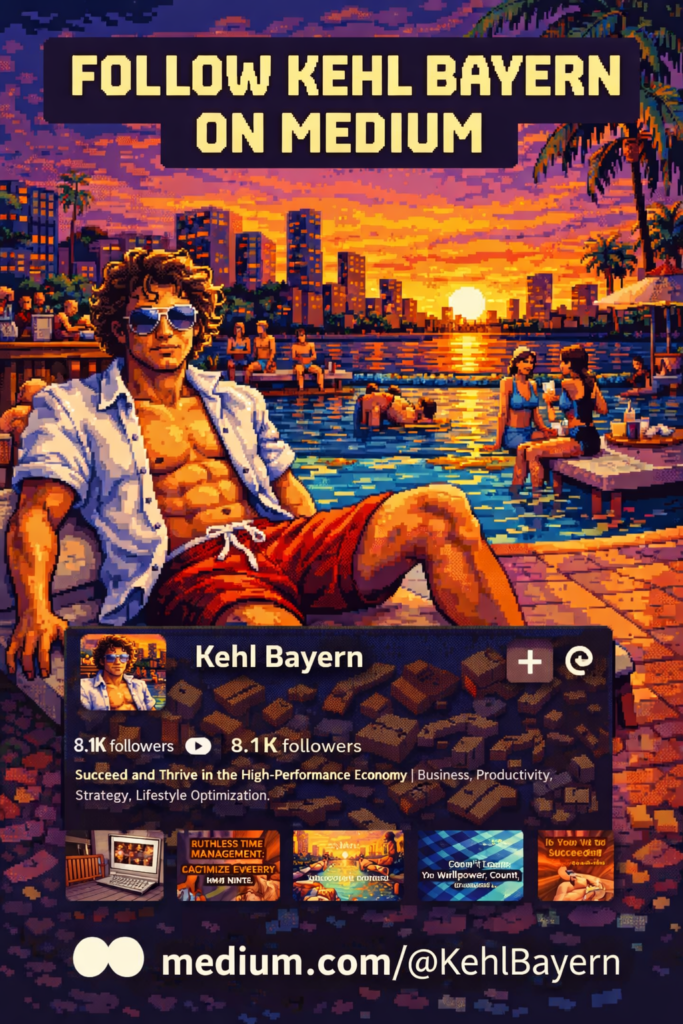 Pixel art illustration of Kehl Bayern relaxing poolside at sunset with a tropical city skyline in the background and text reading “Follow Kehl Bayern on Medium,” promoting his Medium profile focused on business strategy, productivity, and lifestyle optimization.