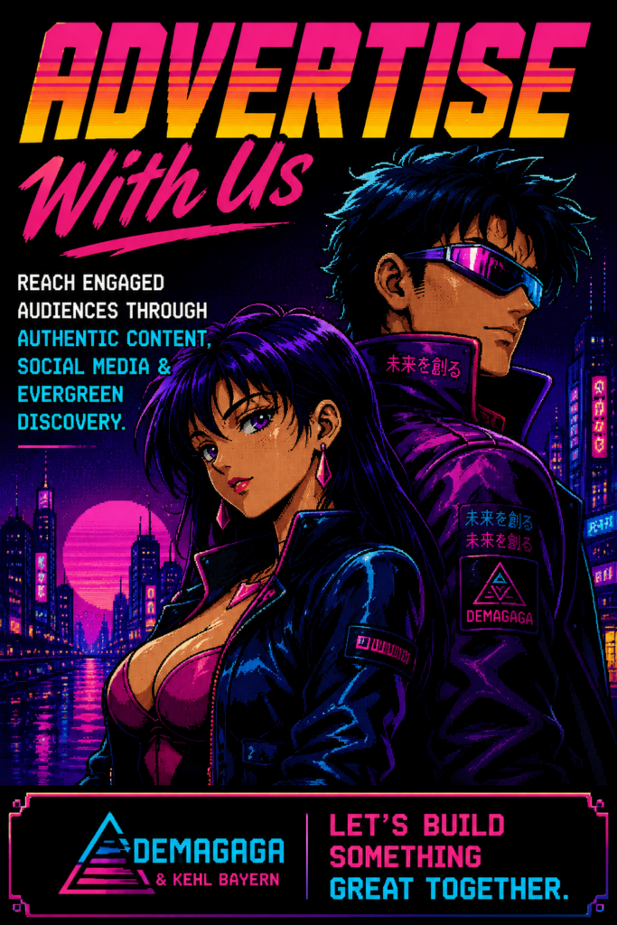 Cyberpunk-inspired pixel art advertisement for Demagaga and Kehl Bayern featuring a stylish male and female character standing before a neon-lit futuristic city skyline. Bold retro 1990s anime-inspired typography promotes advertising, content marketing, social media promotion, and evergreen audience discovery.